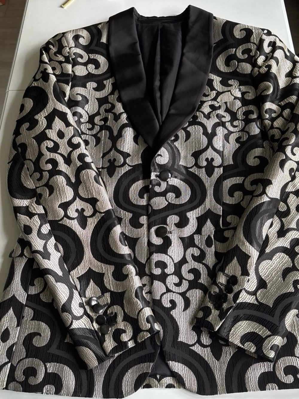 Zara Black and Silver Patterned Satin-Trim Blazer